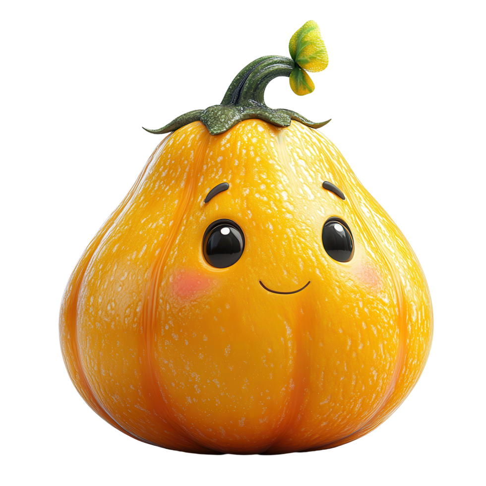 Cute cartoon pumpkin with a smiling face sits on a plain background, showcasing a whimsical design ideal for autumn themes isolated on transparent background png