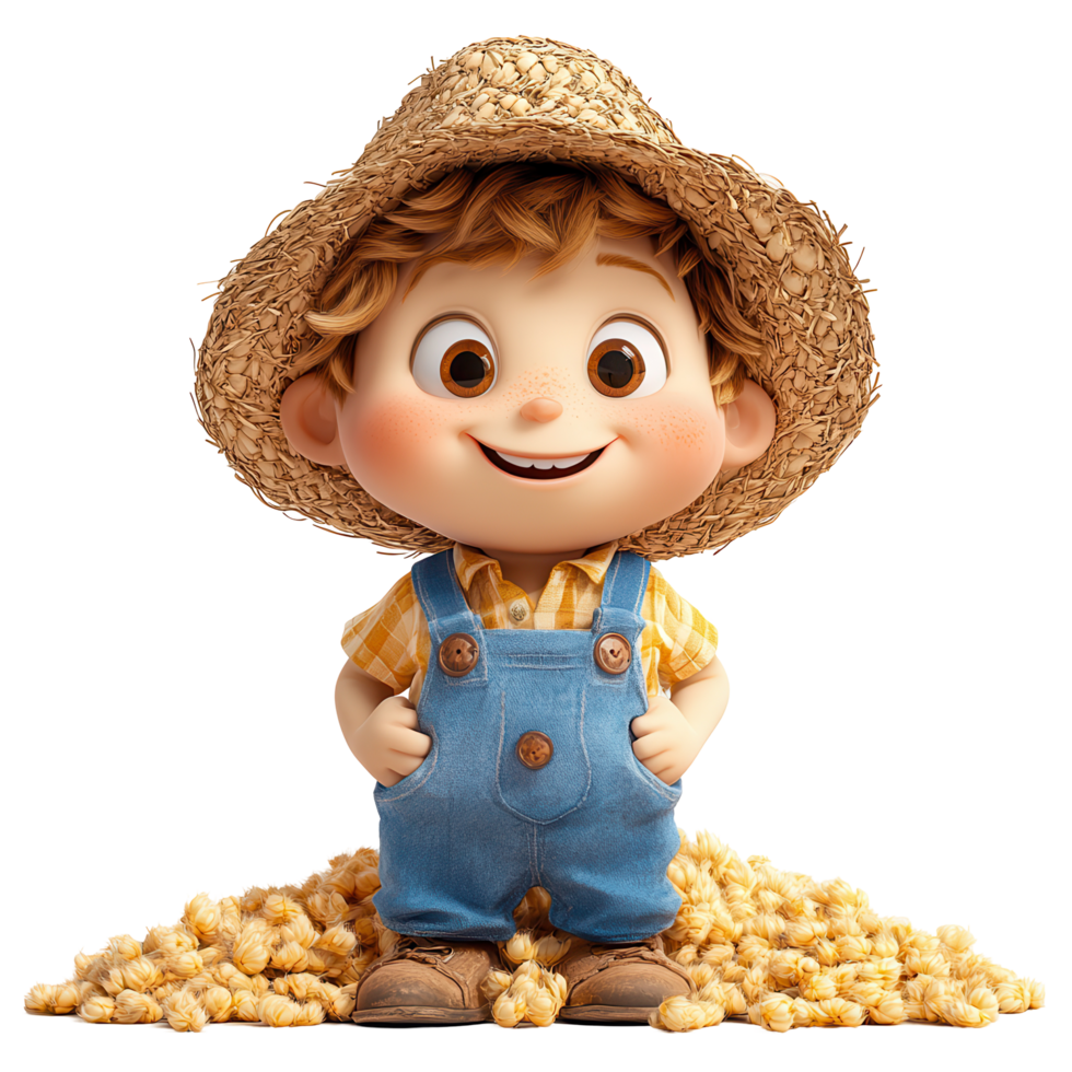 carino animato personaggio nel un' cannuccia cappello giocando con Mais spuntini nel un' giocoso ambientazione isolato su trasparente sfondo png