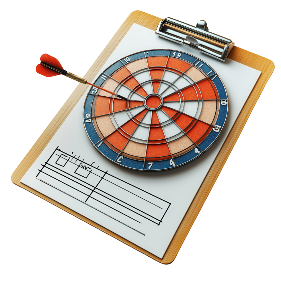 Dartboard on a Clipboard with a Single Dart Stuck in the Target for a Game Activity isolated on transparent background png