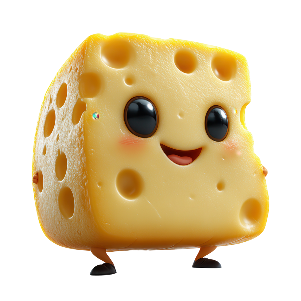 Cute cartoon cheese character with cheerful expression and little legs standing against a plain background isolated on transparent background png