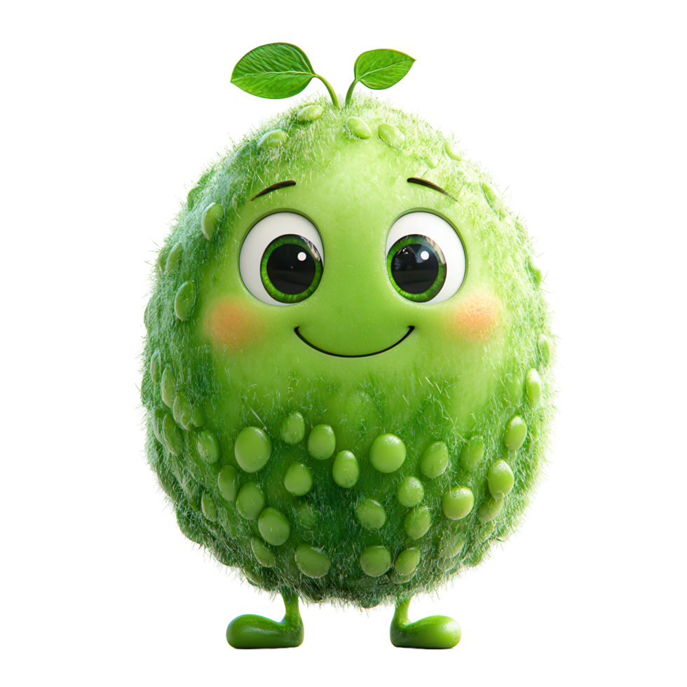 Cute green cartoon character with big eyes and leaf on head, representing a playful fruit figure isolated on transparent background png