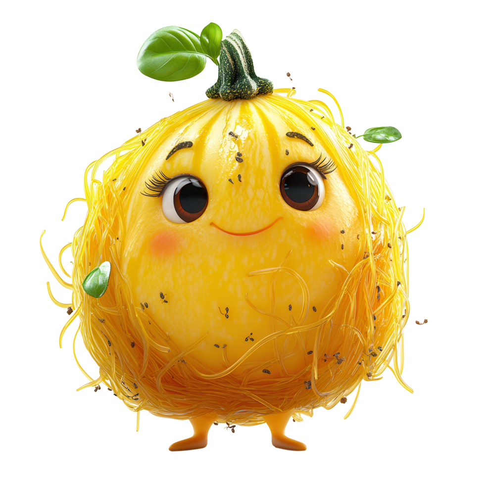 Cute yellow character with noodle-like hair and a green leaf on top stands cheerfully on a white background isolated on transparent background png