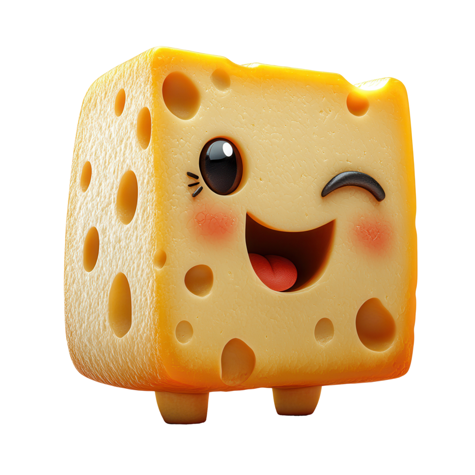 Happy cartoon cheese character with a playful expression in a vibrant digital style isolated on transparent background png