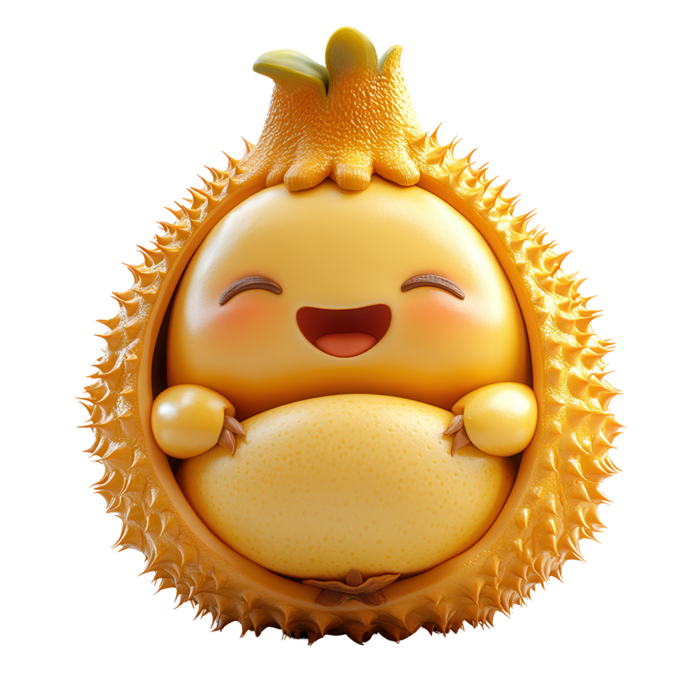 Cute smiling character shaped like a durian fruit with vibrant colors and expressive facial features on a white background isolated on transparent background png