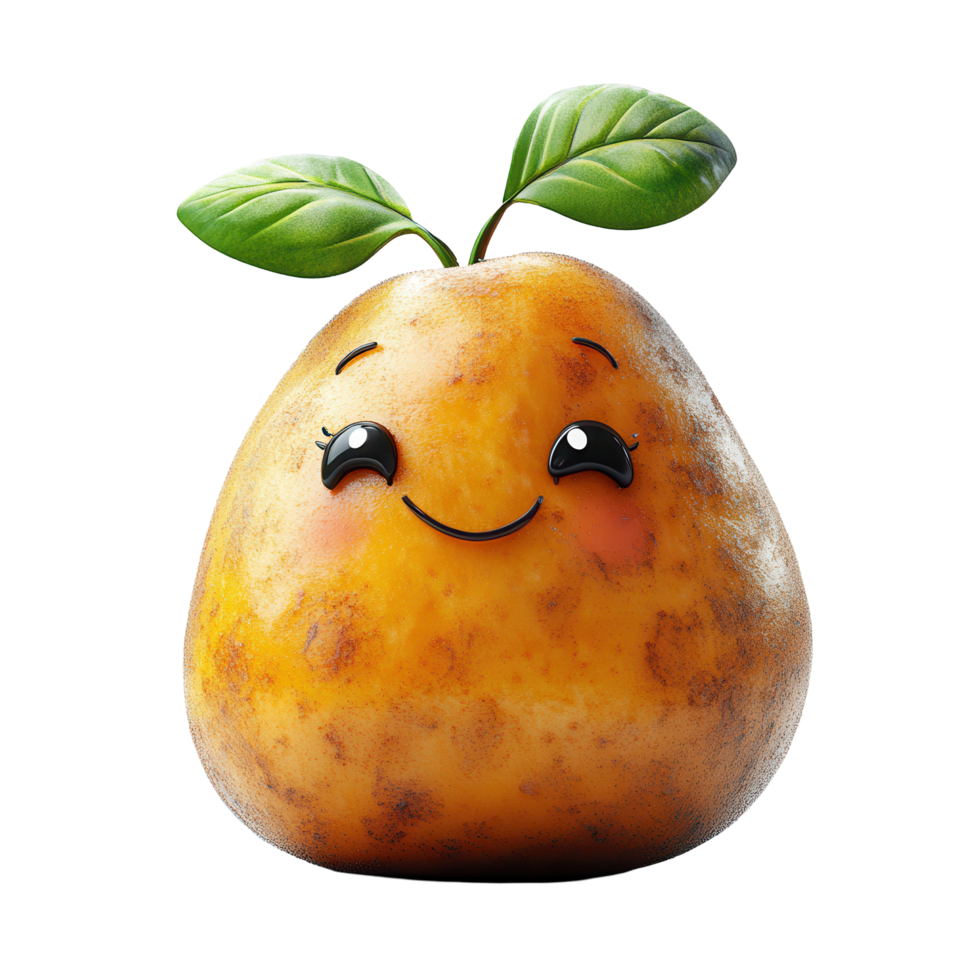 Happy cartoon fruit character with a smiling face and green leaves on a white background isolated on transparent background png