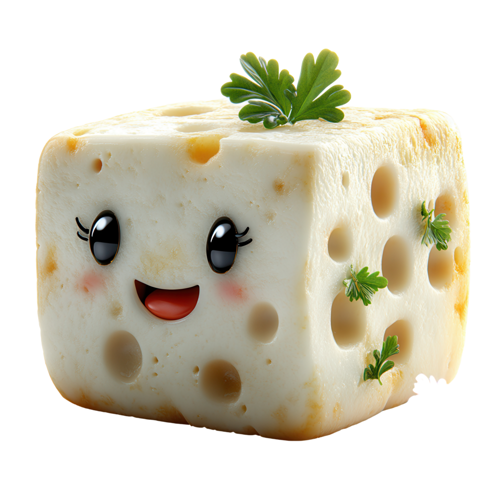 Happy animated cheese cube with smiling face and green garnish displayed in playful character design isolated on transparent background png