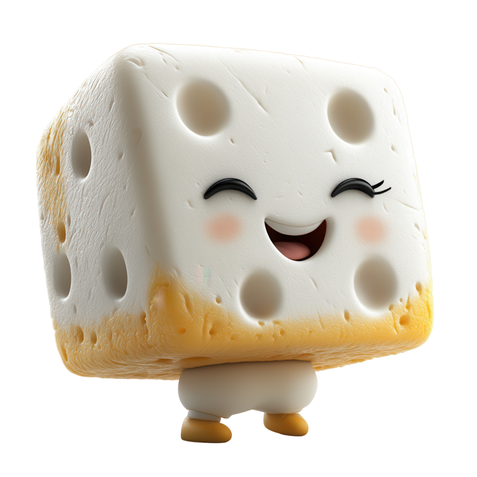 Cute cartoon character of a smiling cheese block with a friendly expression stands on a white background isolated on transparent background png