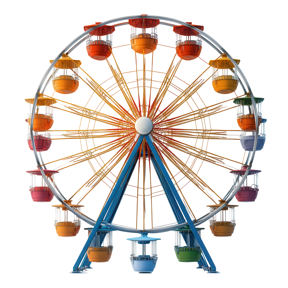 Colorful ferris wheel stands tall at amusement park during sunny day with joyful visitors enjoying the rides isolated on transparent background png