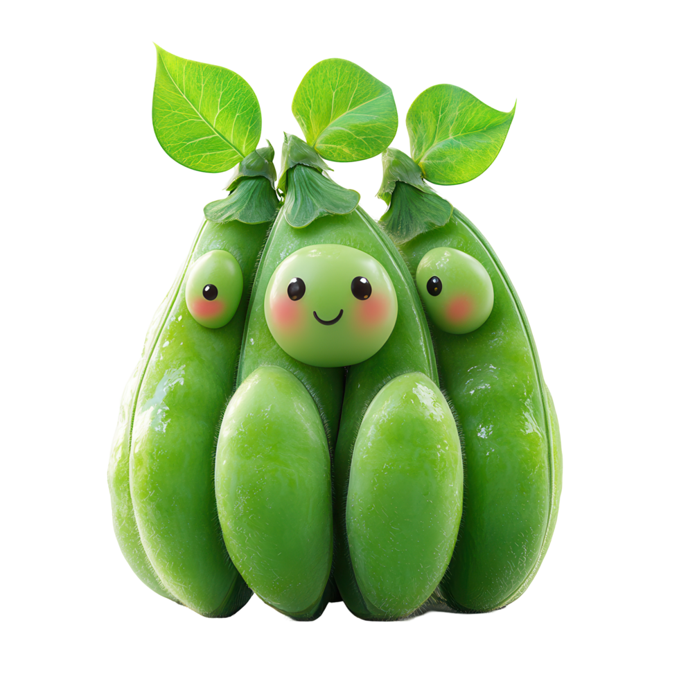 Cute cartoonish peas with smiling faces and leaves, creating a cheerful and playful display isolated on transparent background png