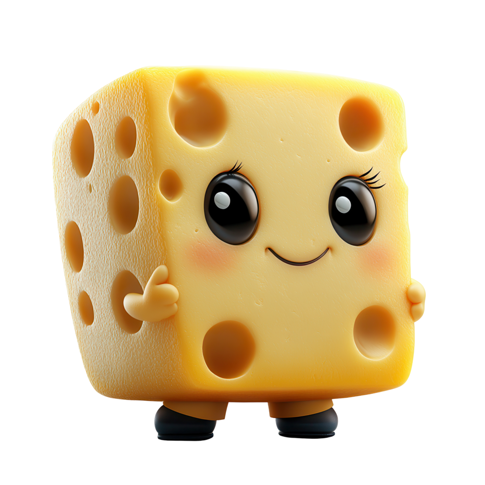 Cute cartoon cheese character with a happy expression and playful demeanor standing upright against a white background isolated on transparent background png