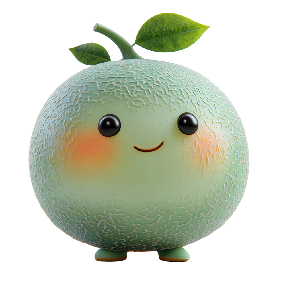 Cute green melon character with a smiling face and leafy topping in a playful design setting isolated on transparent background png