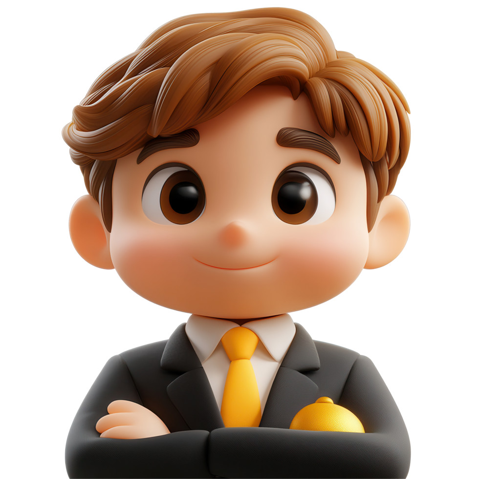 Young professional character with a cheerful expression in a suit and tie holding a golden trophy isolated on transparent background png