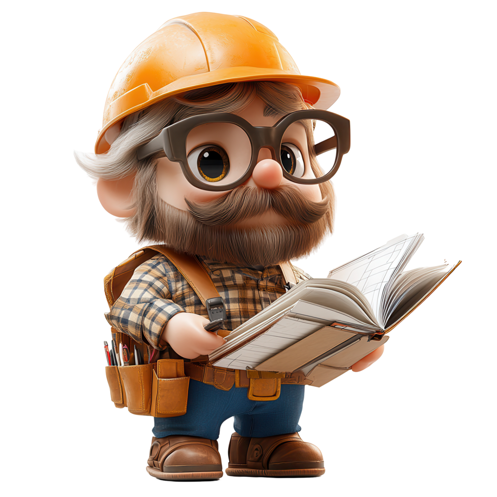 Construction worker character reading blueprints while wearing a hard hat and glasses in a detailed cartoon style isolated on transparent background png