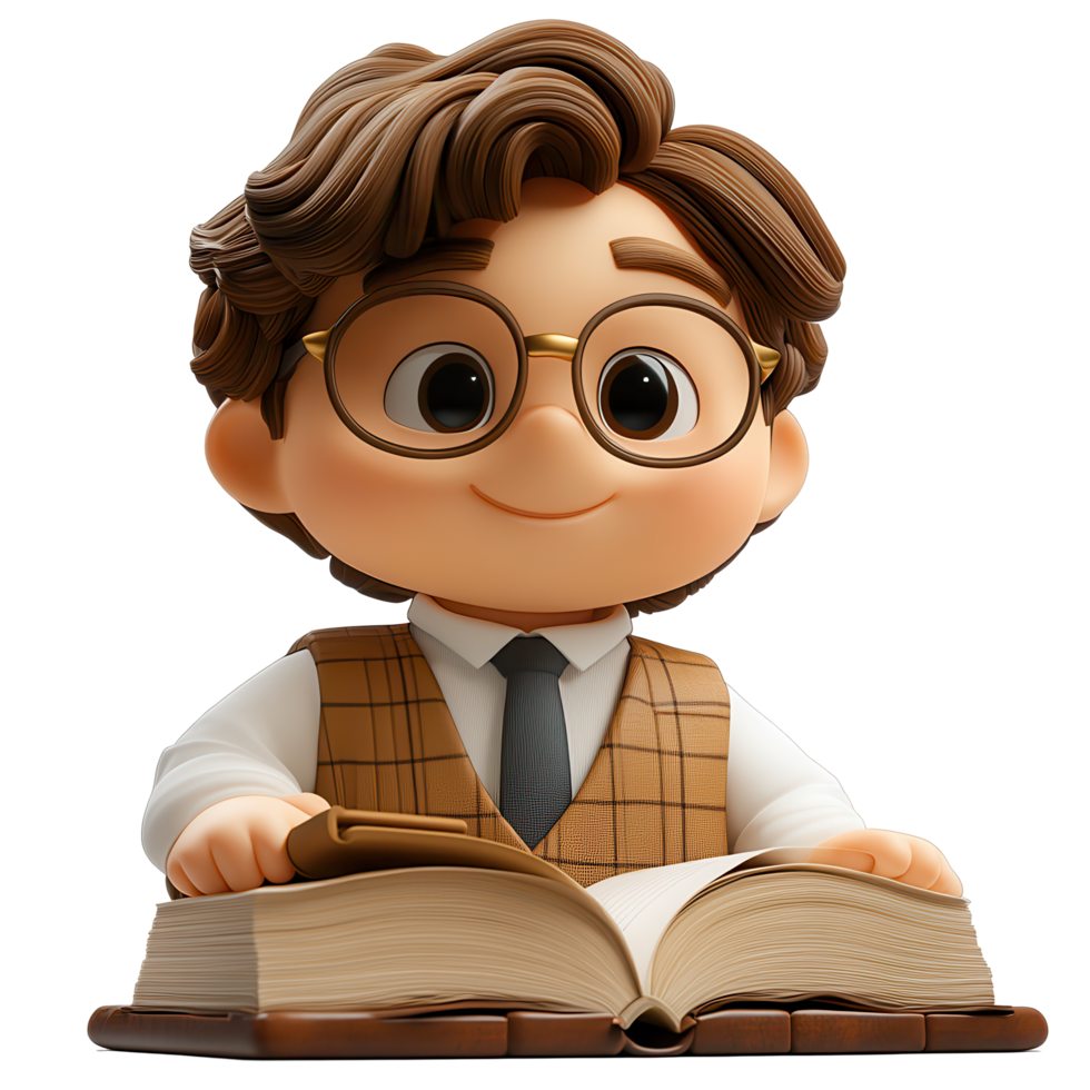 Cute cartoon character reading a book, showcasing a young scholar engaged in learning in a cozy setting isolated on transparent background png