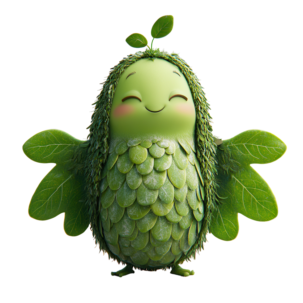 Cheerful green character with leaf wings and smiling face in a playful setting isolated on transparent background png