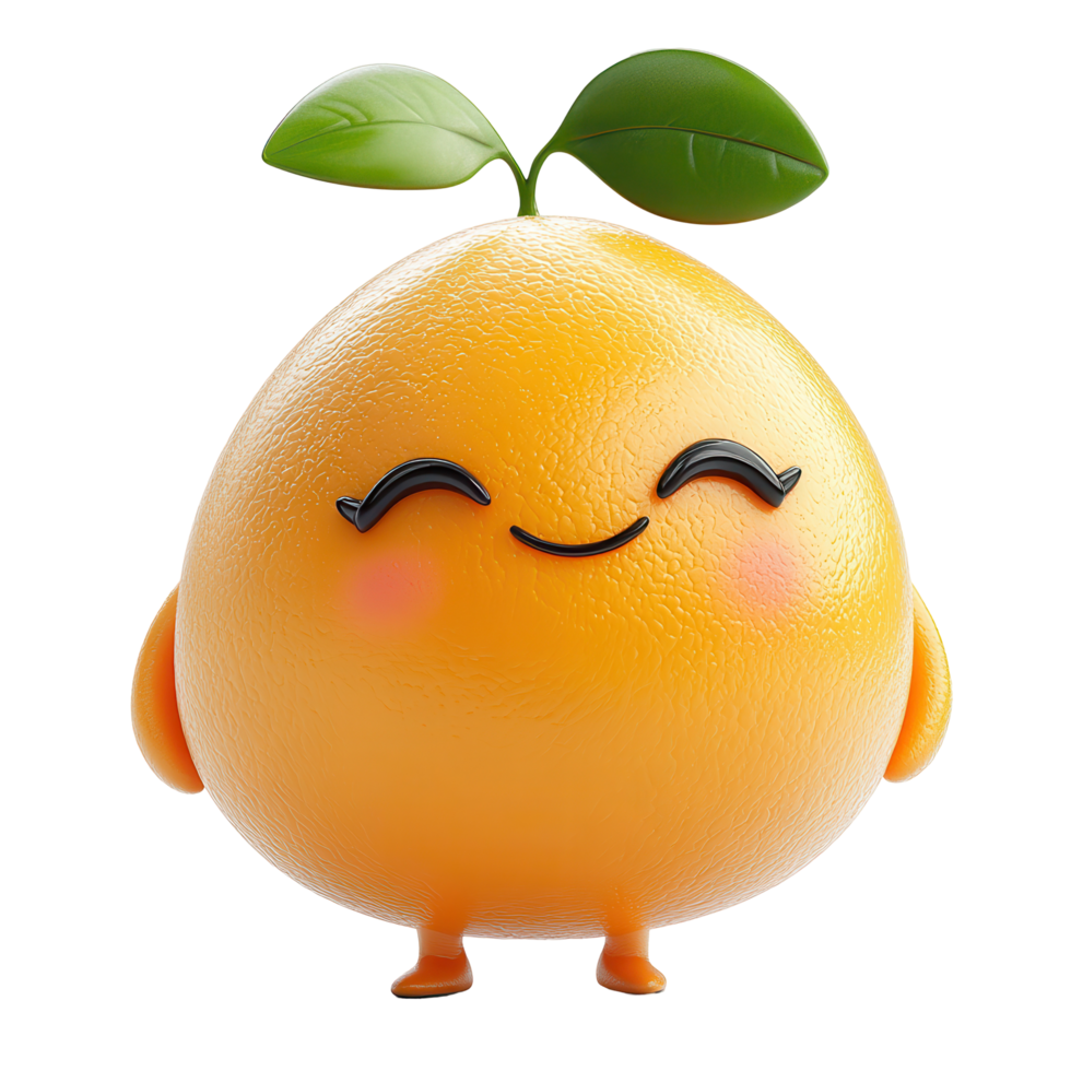 Cute cartoon character resembling a cheerful orange with a playful expression and leaf on top in bright colors isolated on transparent background png