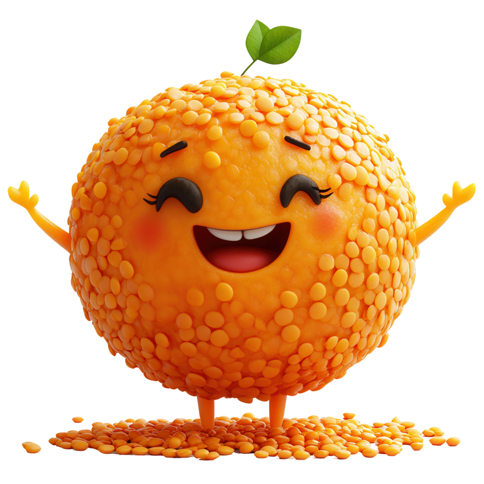 Happy cartoon character made of orange lentils with a smiling face and leafy top in a cheerful pose isolated on transparent background png