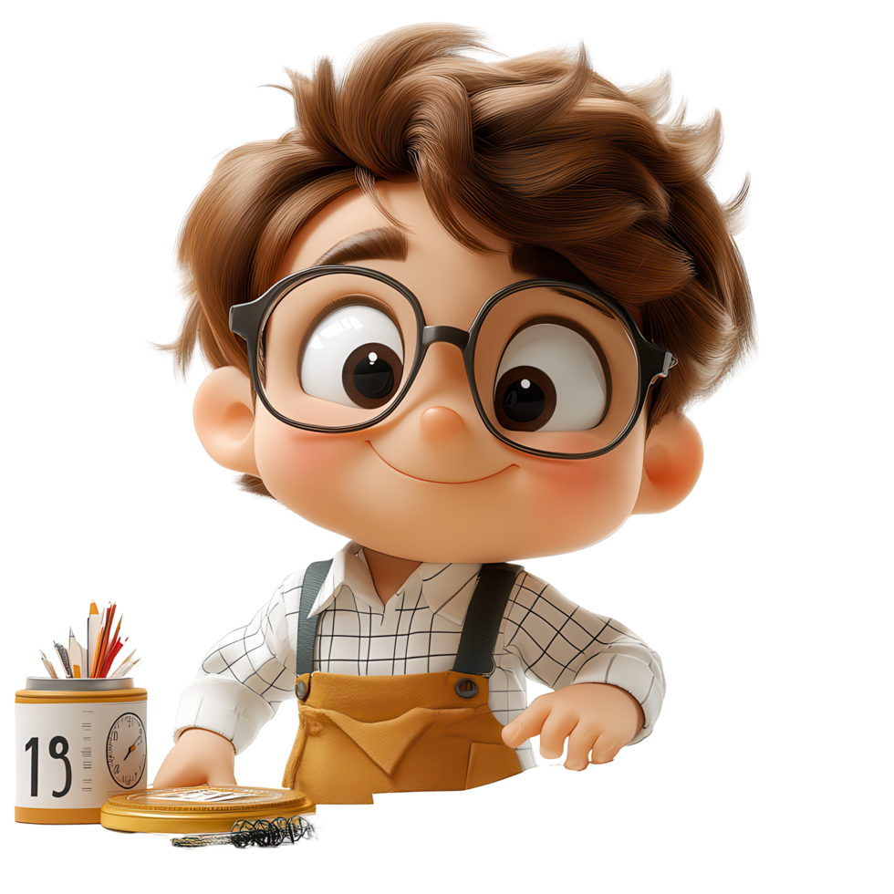 Young boy with glasses in a creative workspace enjoying art and learning activities isolated on transparent background png