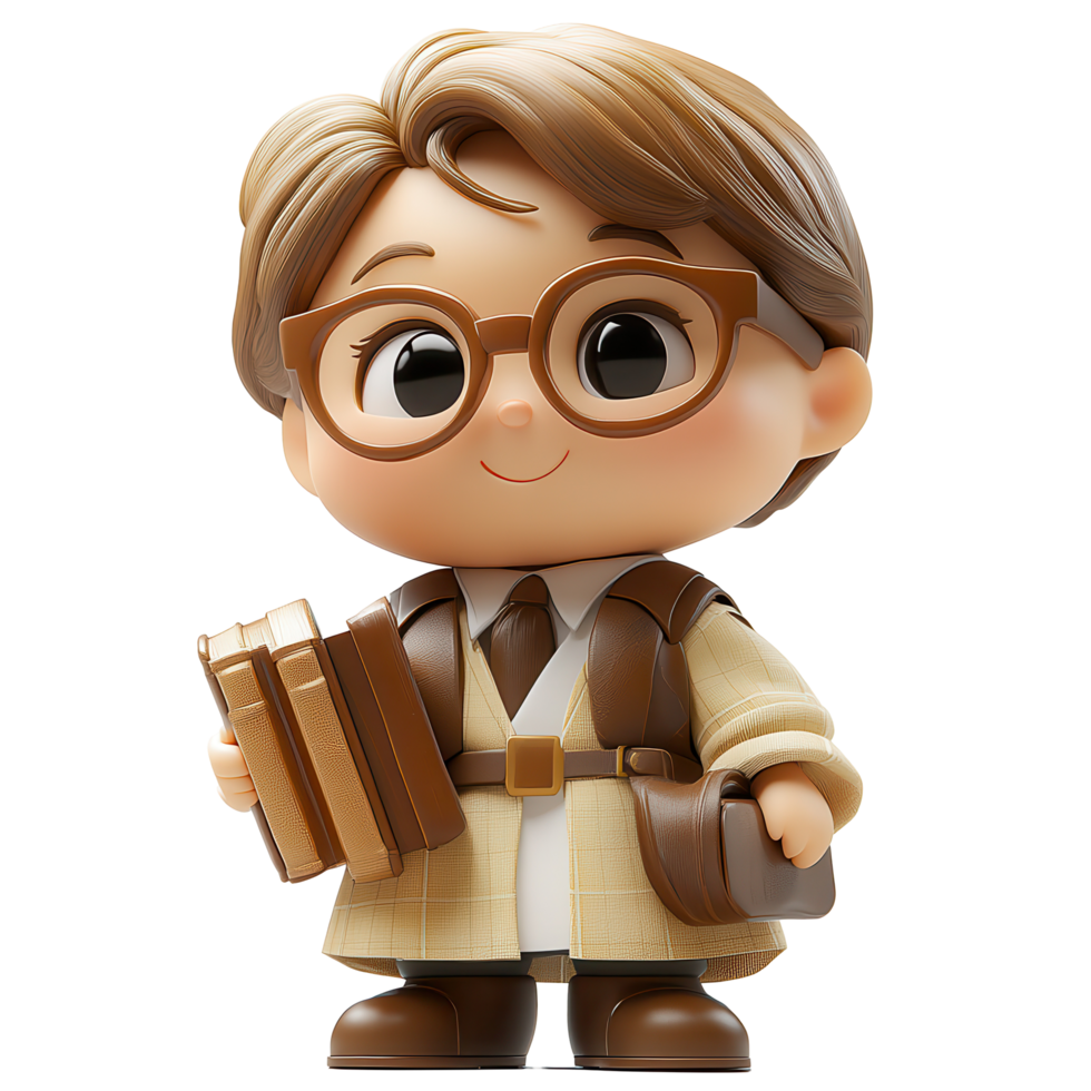 Cute miniature figure of a librarian with books and glasses in a cozy setting indoors isolated on transparent background png