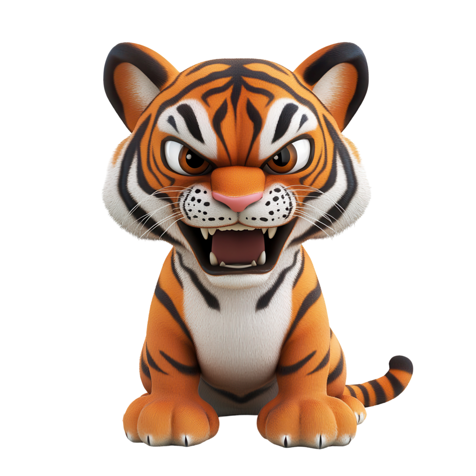 Lively cartoon tiger character with vibrant orange fur and expressive face ready for adventure isolated on transparent background png