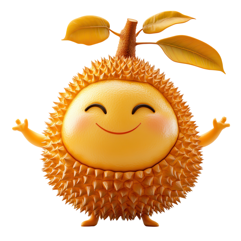 Happy cartoon character resembling a durian fruit with a friendly smile and outstretched arms isolated on transparent background png