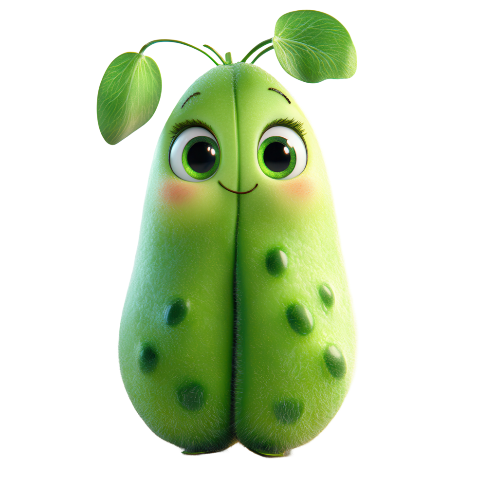 Cute animated green character with big eyes and cheerful expression standing upright isolated on transparent background png