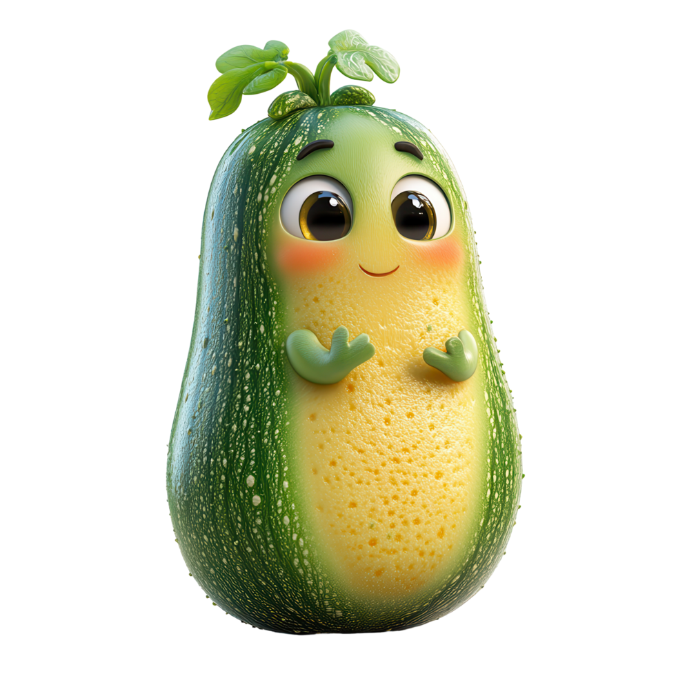 Cute animated character of a smiling avocado with big eyes and a small sprout, standing in a playful pose against a simple background isolated on transparent background png