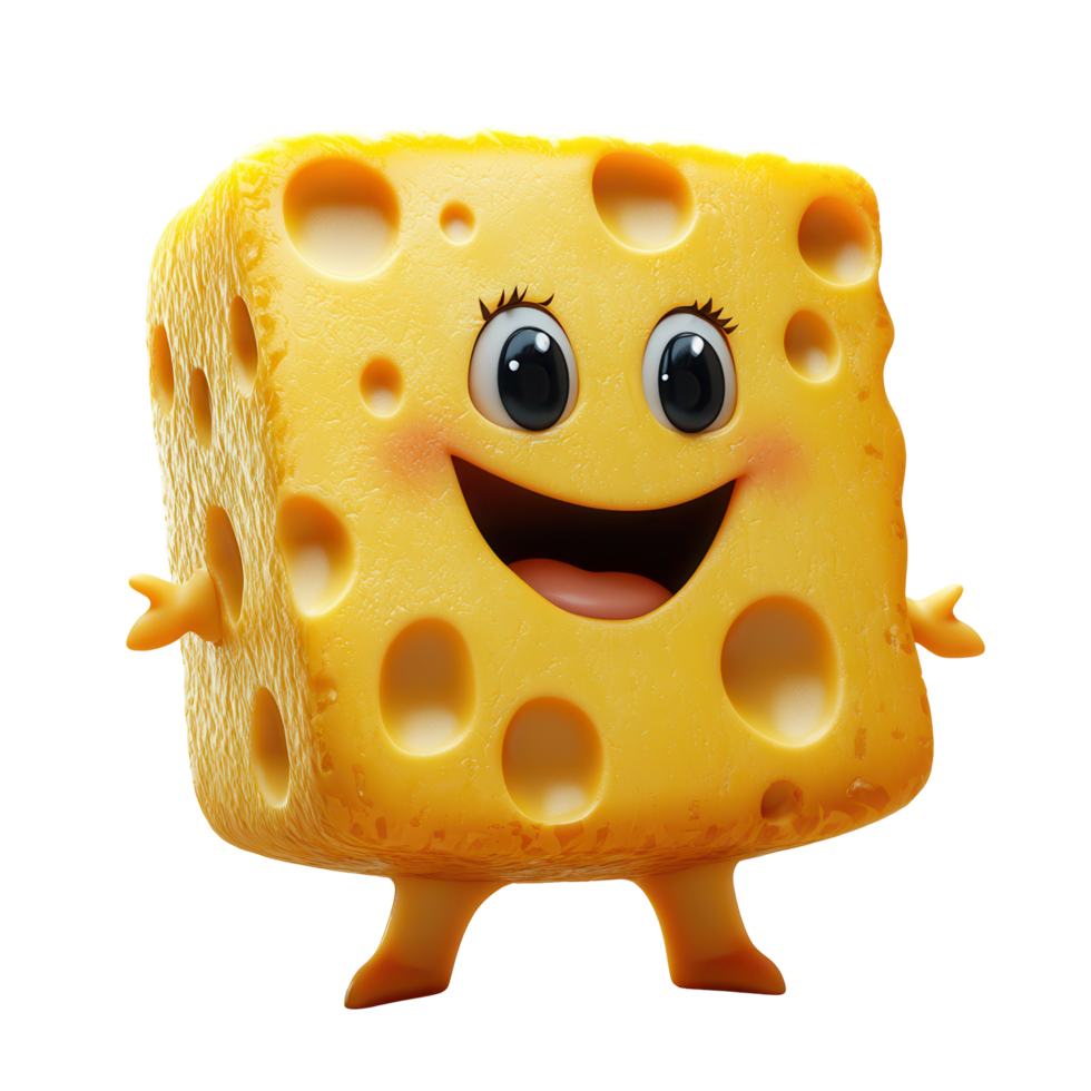 Cartoon character resembling a cheerful cheese block standing with arms outstretched in a playful setting isolated on transparent background png