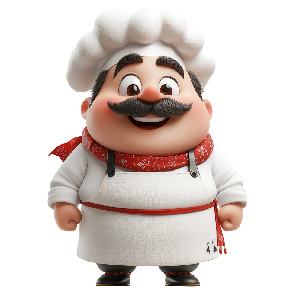 Whimsical cartoon chef character in a white uniform with a red scarf and cheerful expression isolated on transparent background png
