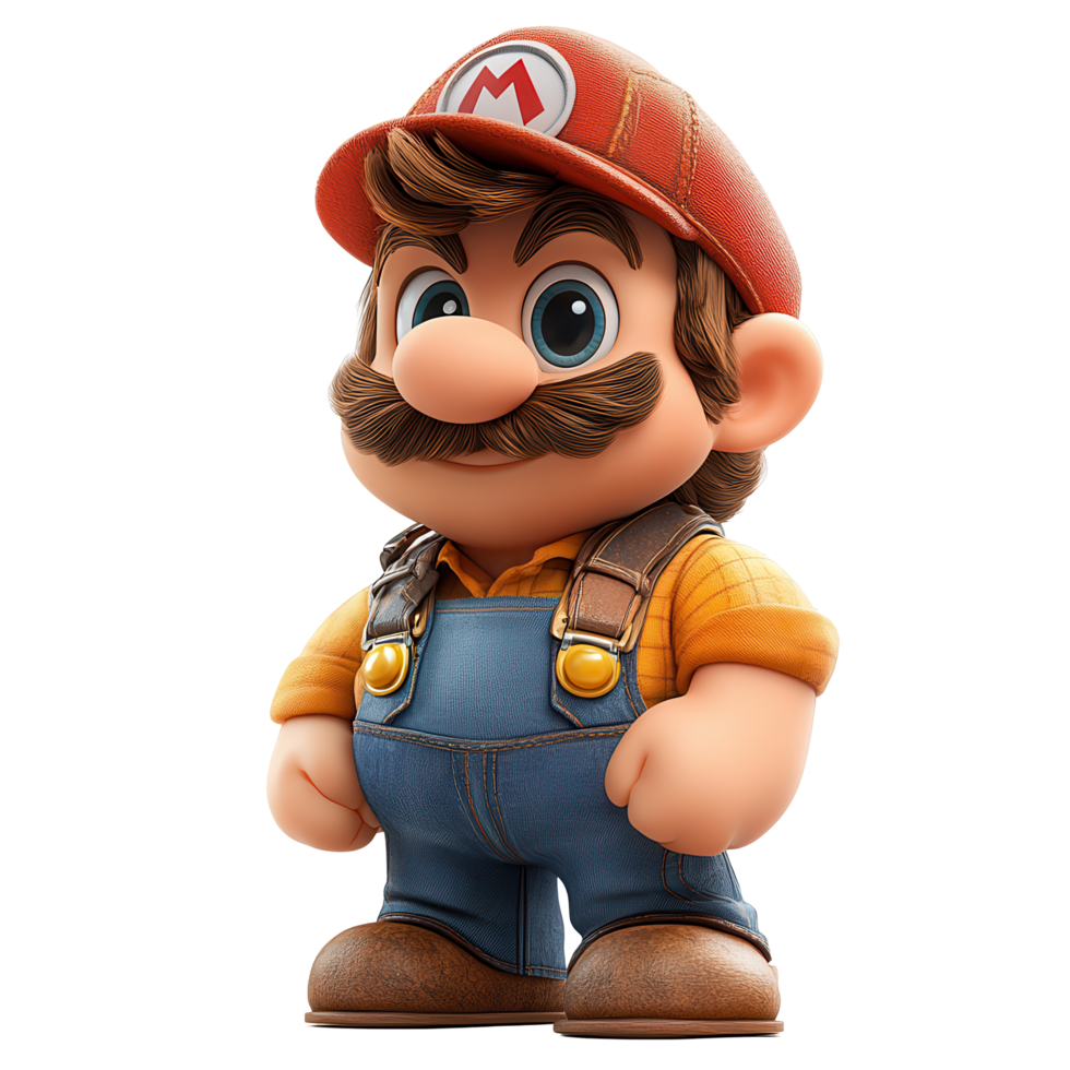 Mario figure stands confidently in classic overalls, showcasing a vibrant design and friendly expression isolated on transparent background png