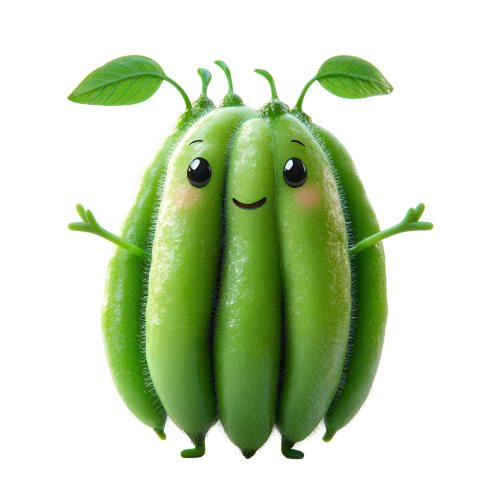 Unique cartoon character resembling a green vegetable with cheerful expression and arms isolated on transparent background png