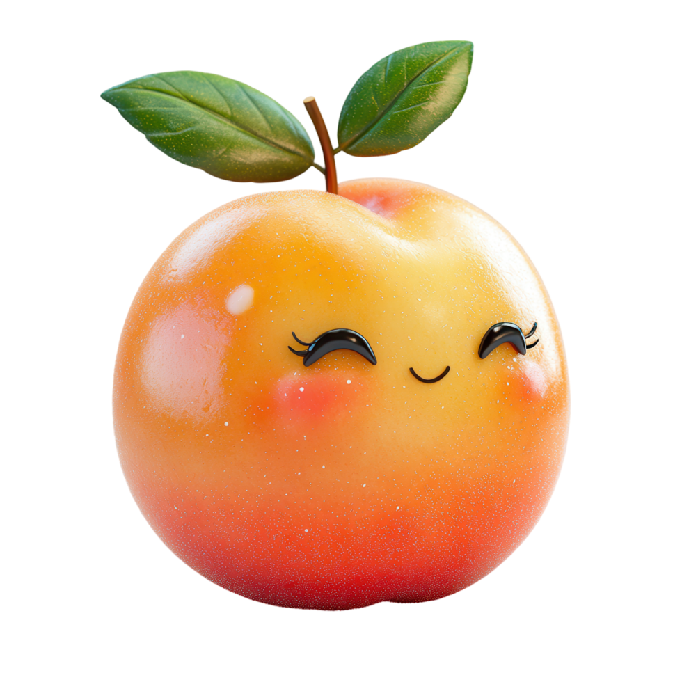 Cute smiling cartoon apple character with shiny skin and leaves in a vibrant design isolated on transparent background png