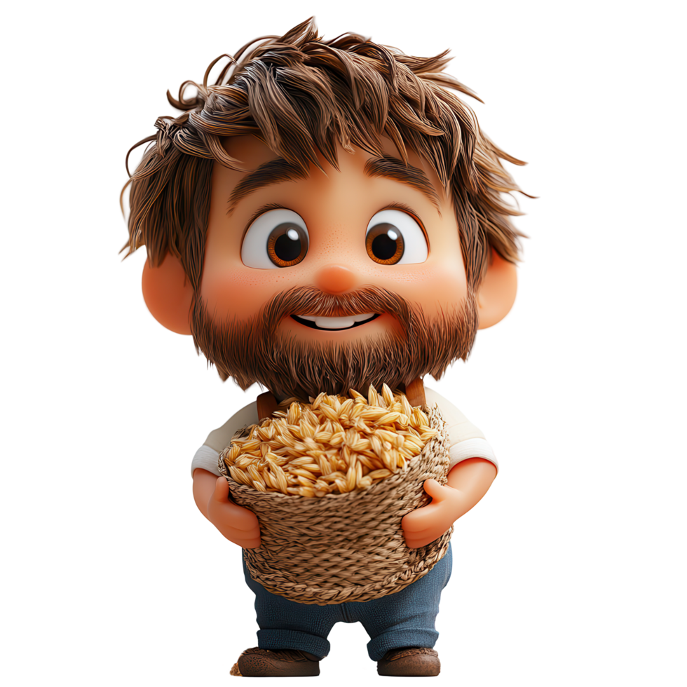 Cheerful character holding a basket of golden wheat in a vibrant, animated style isolated on transparent background png