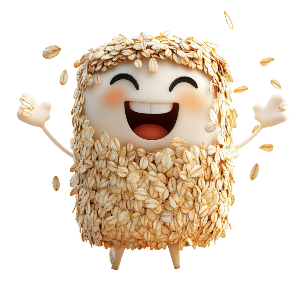 Happy animated character made of oats celebrating with joy and enthusiasm in a playful setting isolated on transparent background png