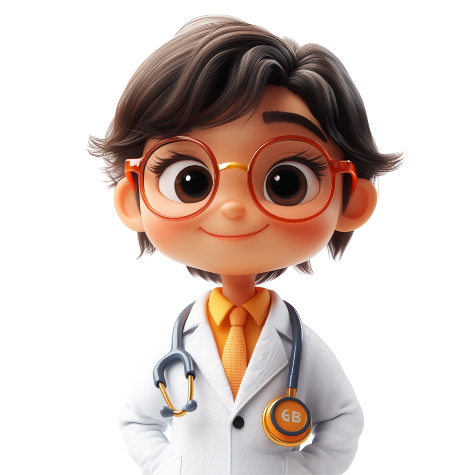 Friendly cartoon doctor character stands confidently, wearing a white coat and glasses, ready to help patients in a cheerful environment isolated on transparent background png