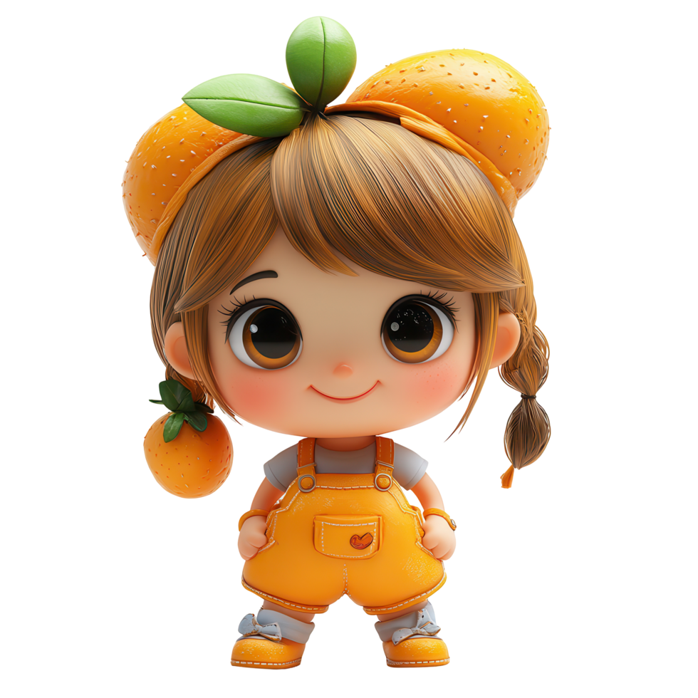 Cute character dressed in orange overalls with a fruity headpiece, showcasing playful charm and joy isolated on transparent background png