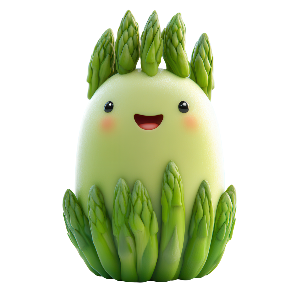 Adorable character shaped like asparagus surrounded by green stalks with a cheerful expression and bright smile isolated on transparent background png