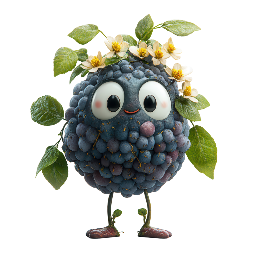 Charming cartoon character shaped like a blueberry adorned with flowers and leaves in a playful pose isolated on transparent background png