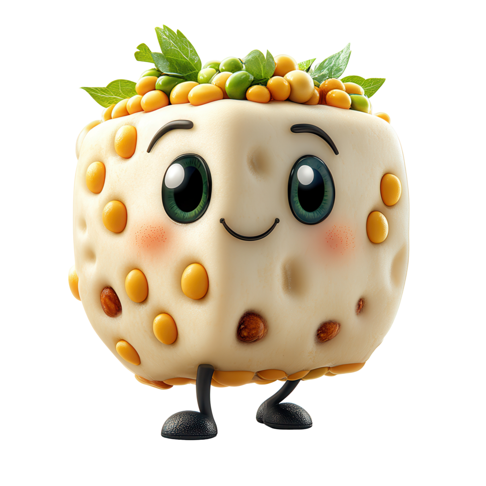 Cute character with smiling face and sprouting toppings stands cheerfully in a playful setting isolated on transparent background png