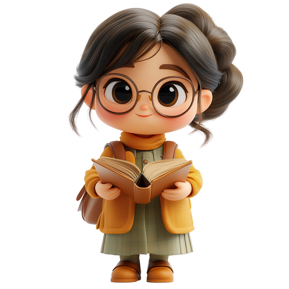 Cute cartoon character with glasses reading a book in a cozy outfit, emphasizing a love for literature and learning isolated on transparent background png