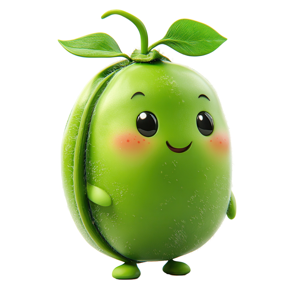Cute green character with smiling face and leaves, standing against a simple background in a playful pose isolated on transparent background png