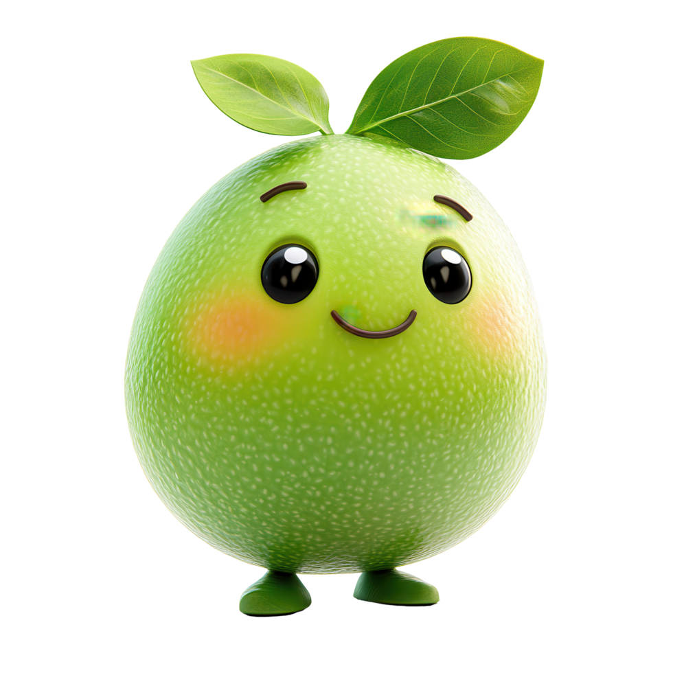 Cute green cartoon fruit character with leaves standing cheerfully on a plain background isolated on transparent background png