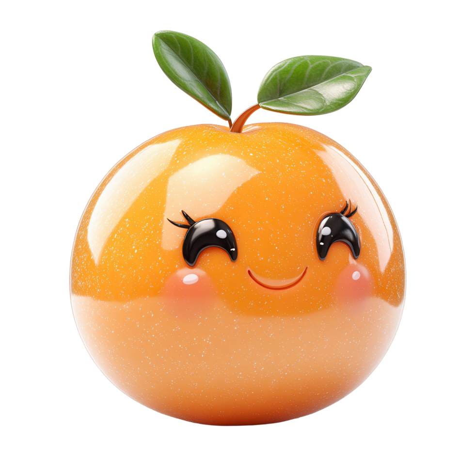 Cute cartoon orange character with a happy face and green leaves on top, perfect for children's illustrations and designs isolated on transparent background png