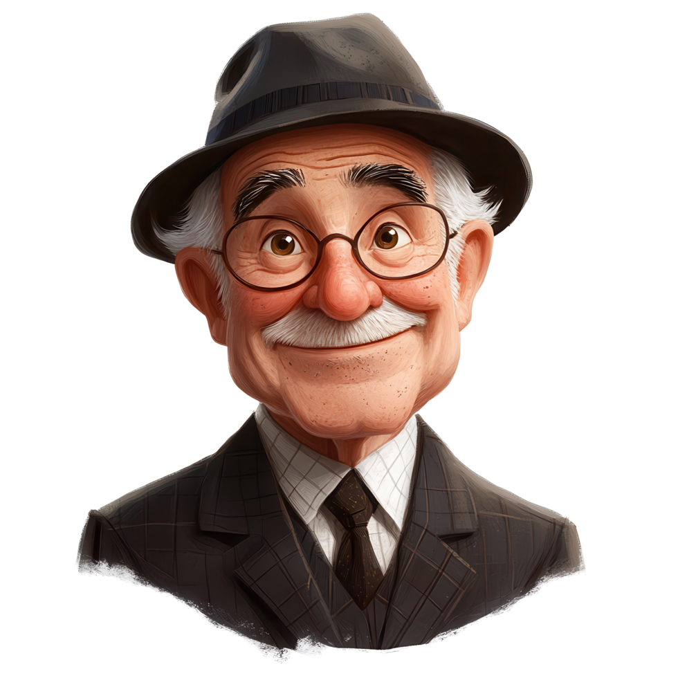 Elderly man in a formal suit with a charming smile, wearing glasses and a fedora hat, looking friendly and approachable in a classic style isolated on transparent background png