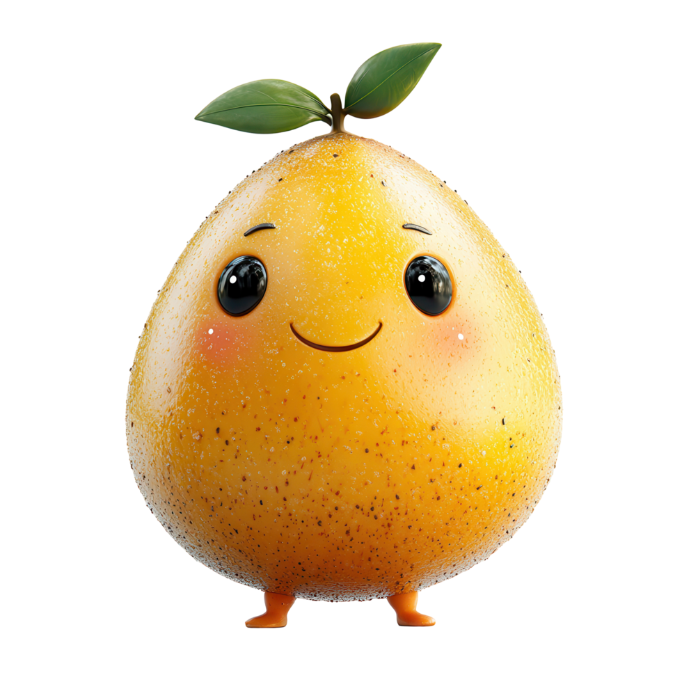 Cute cartoon character resembling a pear with a happy expression and green leaf on top standing on small feet isolated on transparent background png