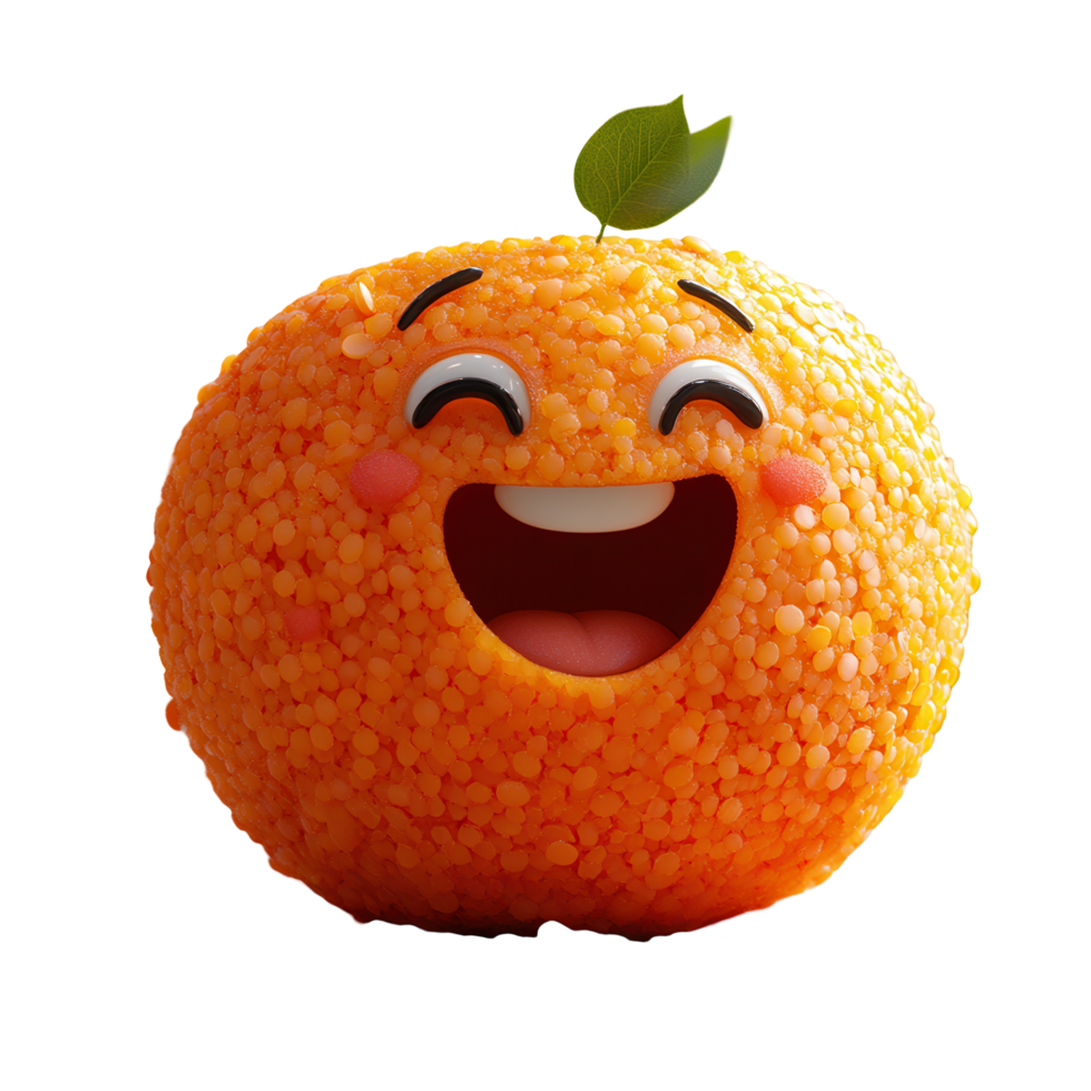 Happy animated orange character with a playful smile and a green leaf on top isolated on transparent background png
