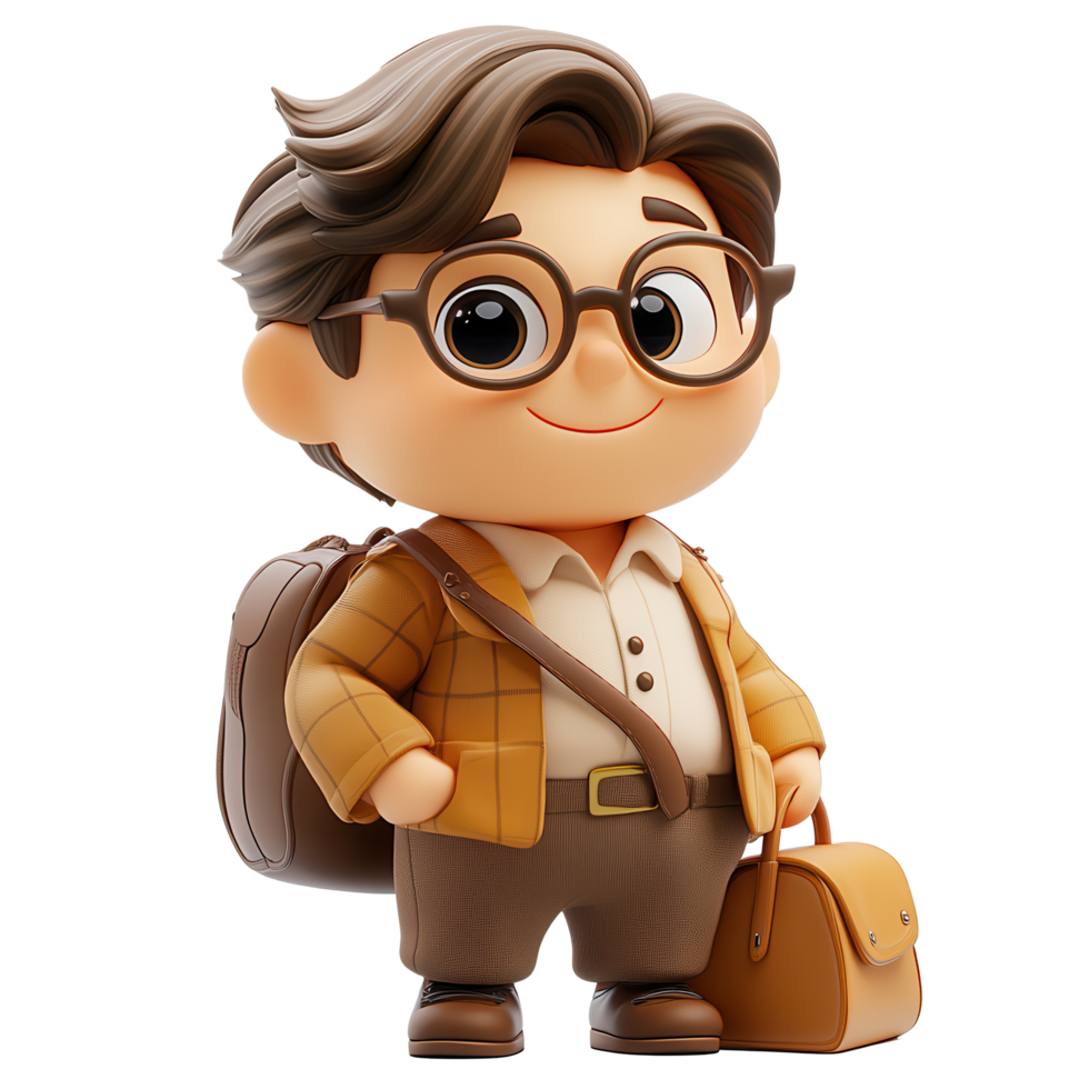 Charming cartoon character with glasses and a brown plaid shirt, set against a light background isolated on transparent background png