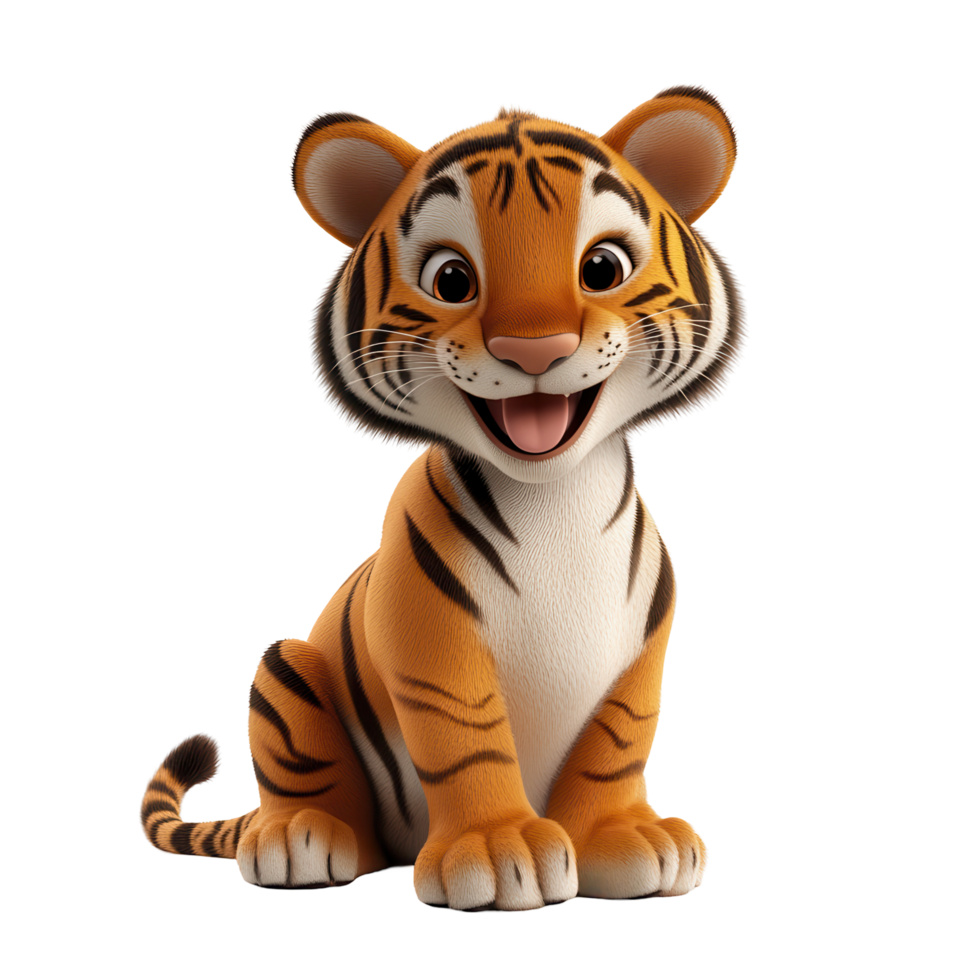 Cute cartoon tiger cub smiling joyfully while sitting on a white background isolated on transparent background png