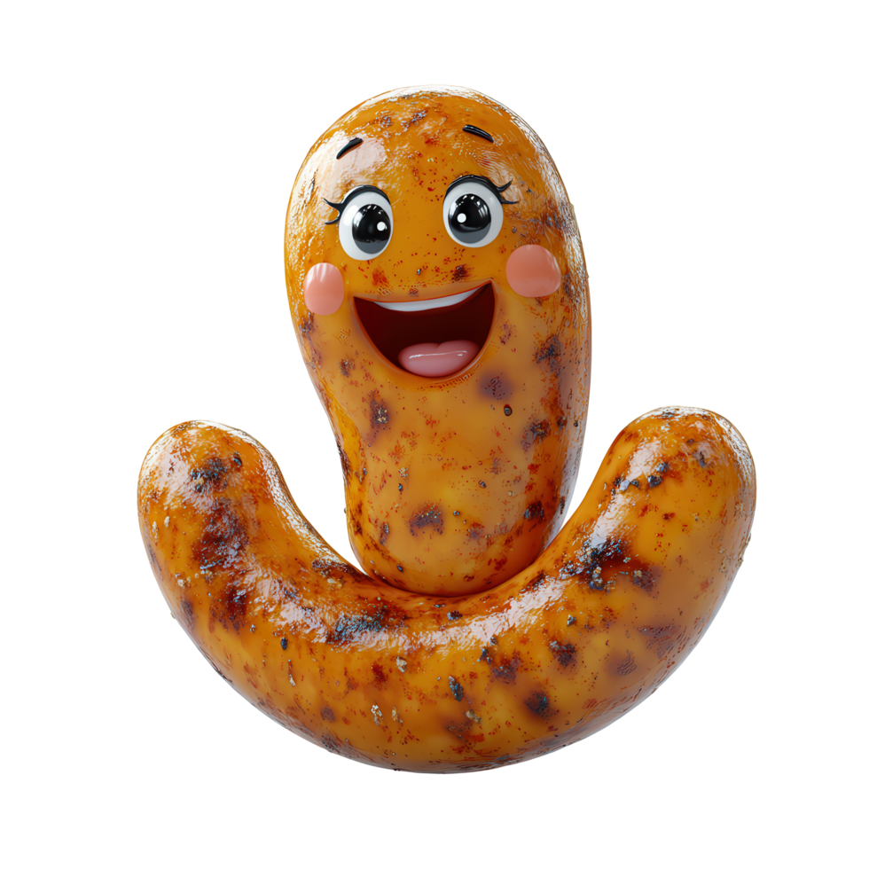 Smiling cartoon sausage character in a fun and playful design showcases vibrant colors and cheerful expression for kids isolated on transparent background png
