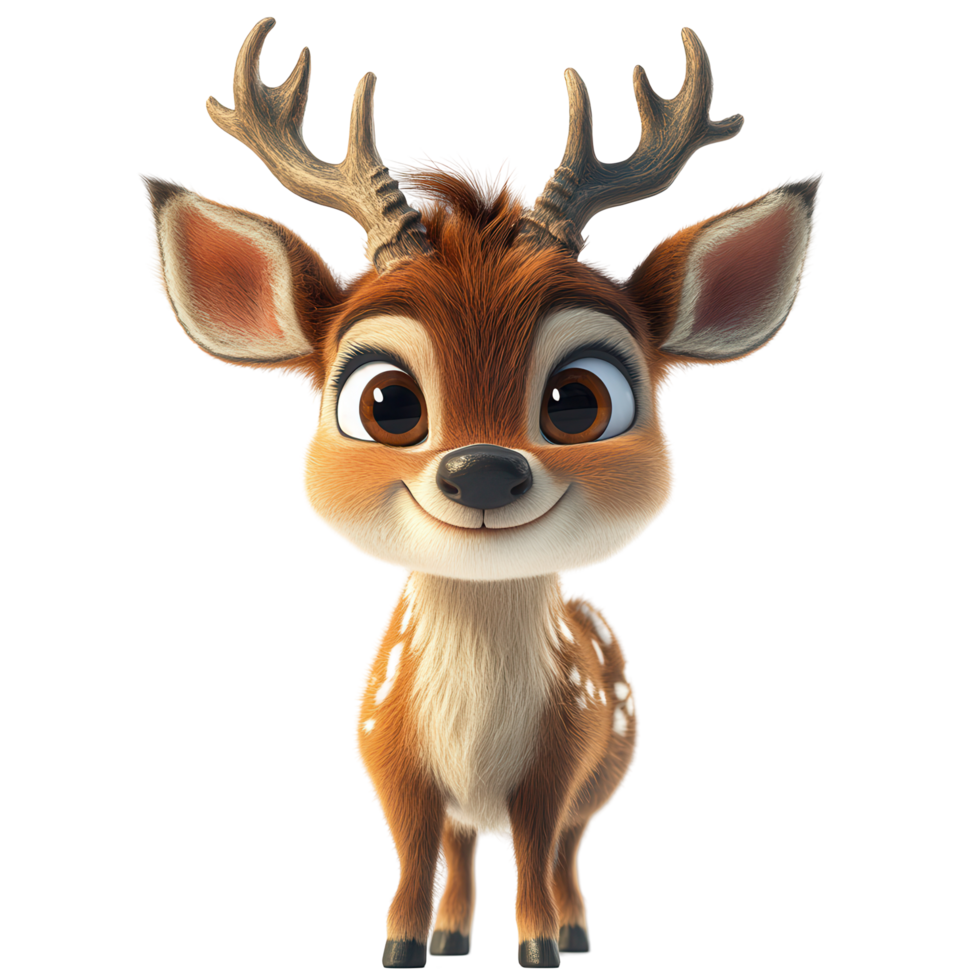 Cute cartoon deer with large eyes and antlers standing cheerfully in a whimsical forest setting isolated on transparent background png